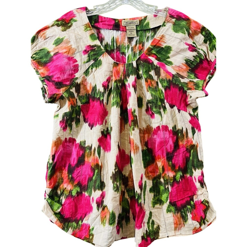 Art & Soul Womens 100% Cotton Boho Peasant Multicolor Flowers Top Size XL